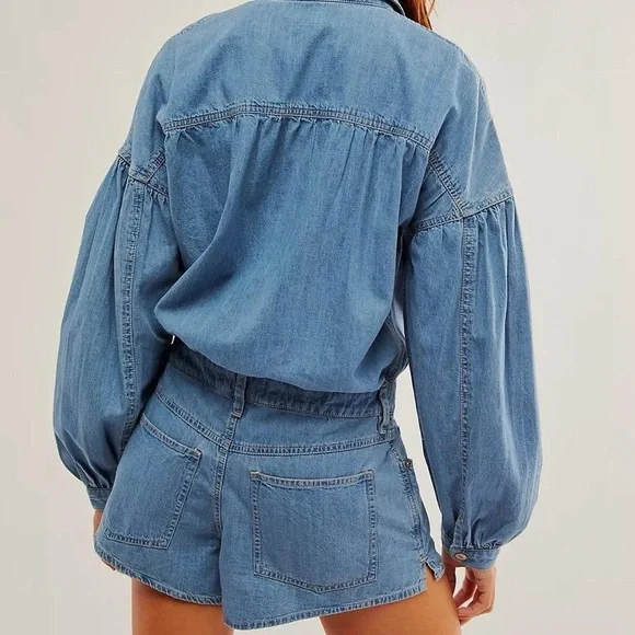 NWT Free People We The Free Zodiac Denim Chambray Romper in Moon Blue - L - Picture 4 of 8